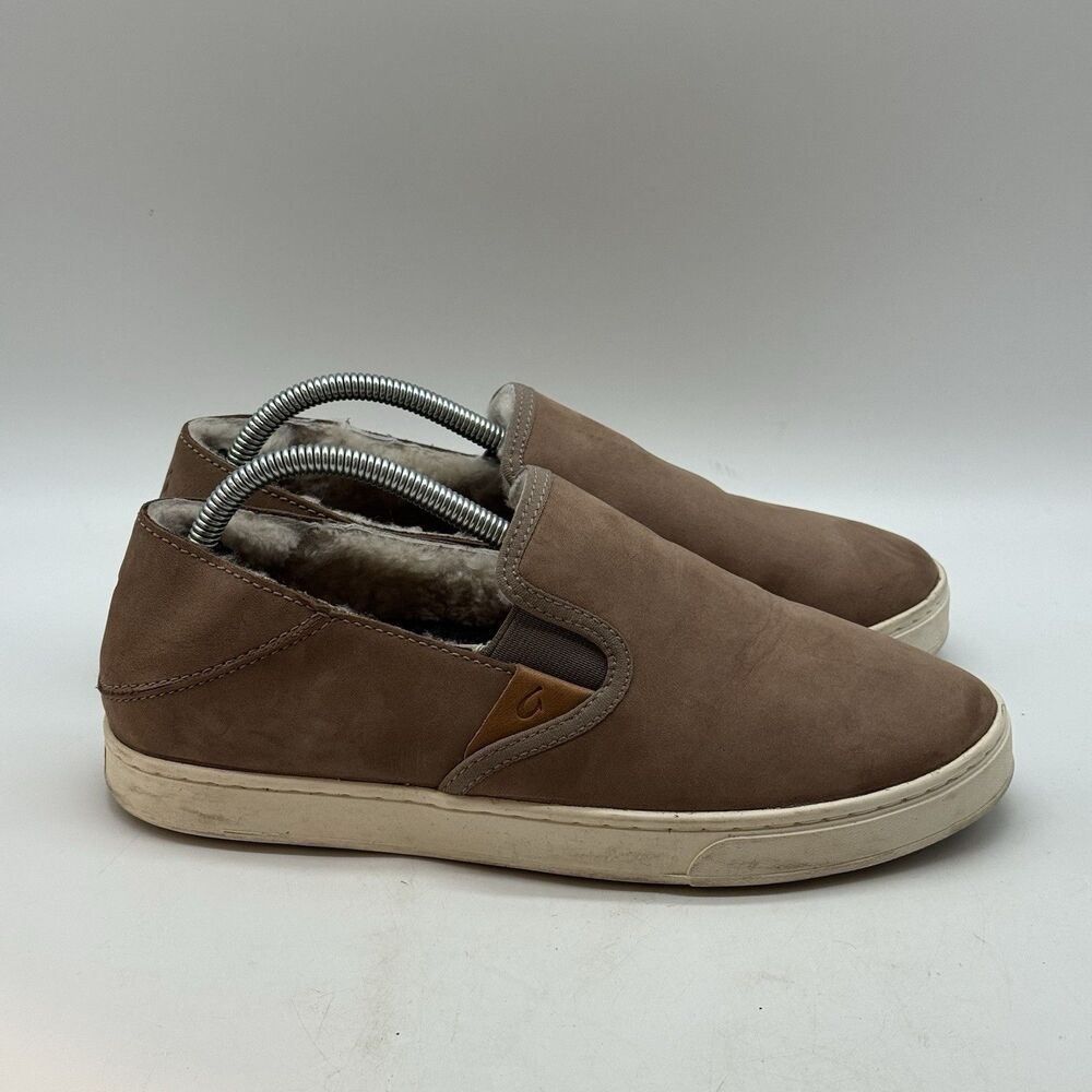 OluKai Pehuea Heu Slip-on Shoes W-7 Waterproof Taupe Nubuck Leather Sherpa Lined